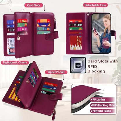 for iPhone 16e/17e Case Wallet,Compatible with MagSafe Magnetic 2 in 1 Magnetic Detachable PU Leather RFID Blocking Wallet Cover Card Holder Zipper Wrist Strap Lanyard,Floral Wine Red - color: Wine Red