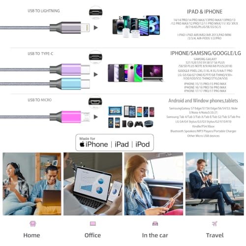 4 in 1 Multi Charging Cable 4ft 2 Pack,Braided MFi Certified Charger Cable - color: Multicolor-4ft-2Pack