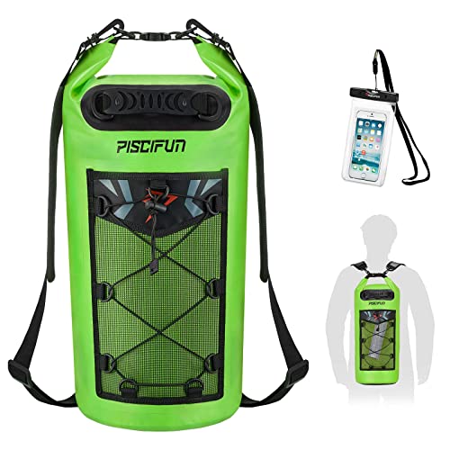 Piscifun Dry Bag, Waterproof Floating Backpack 10L/20L/30L/40L | Waterproof Phone Case, Adjustable shoulder straps, Roll-top closure keeps gear dry, Ideal for Boating, Kayaking, Fishing - color: Light Green, style: 30l