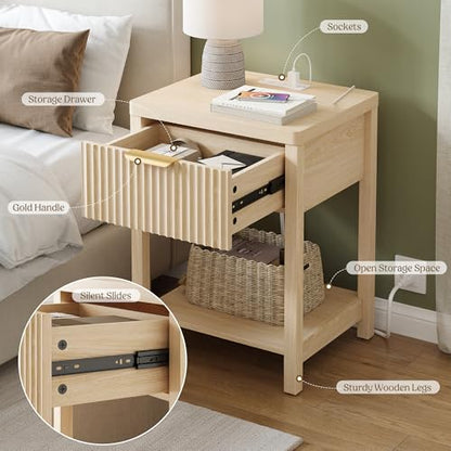 Night Stand Set 1, Fluted Wood Bedside Table w/Socket Station for Bedroom - color: Natural Oak, size: 1 Drawer-Set of 1 Nightstand