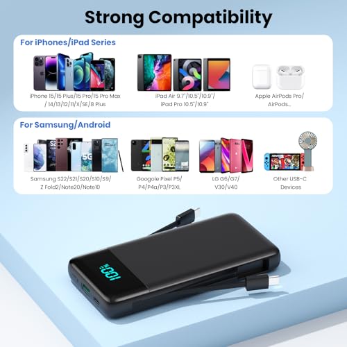 Portable Charger for iPhone with Built-in Cables and Wall Plug,Upgraded 13800mAh Fast Charging USB C Power Bank,4 Outputs Slim Travel Essential Battery Pack for iPhone 17/16/15/14/13,Galaxy,Android - color: Black