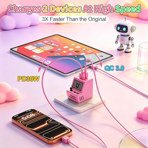Aolcev for iPhone Charger 2 in 1 Dual USB A USB C Charger Block Retro 30W - color: Rose Pink
