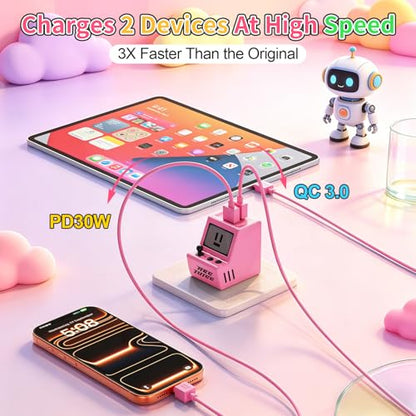 Aolcev for iPhone Charger 2 in 1 Dual USB A USB C Charger Block Retro 30W - color: Rose Pink