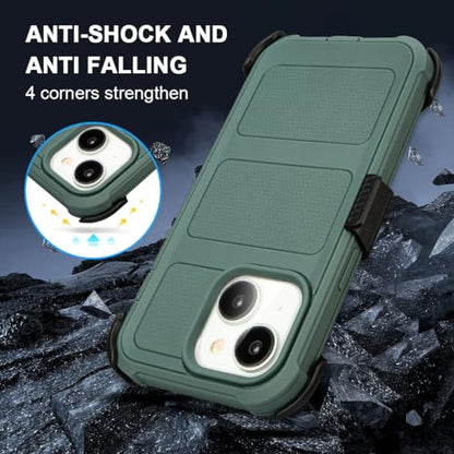 for Defender Case iPhone 13 Phone Case with Belt Clip Heavy Duty Dark Green | Protective iPhone 13 Cases Kickstand Rugged with 2 Layers of Sturdy, Shockproof Phone Cover for iPhone13 Case Black 6.1 inch - color: Dark Green