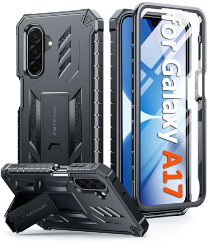 FNTCASE for Samsung Galaxy A17-5G Phone Case with Built-in Screen Protector | Rugged Kickstand, 20FT Military-Grade Drop Protection, Matte Textured, Heavy Duty Shockproof TPU Protective Cover - color: Black, size: For Galaxy A17 6.7 Inch