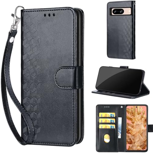 Wallet Case for Google Pixel 8, Black Cube | Women Flip Folio Cover, Embossed PU Leather, Stand, Credit Card Holders Slots, Wrist Strap - color: 1