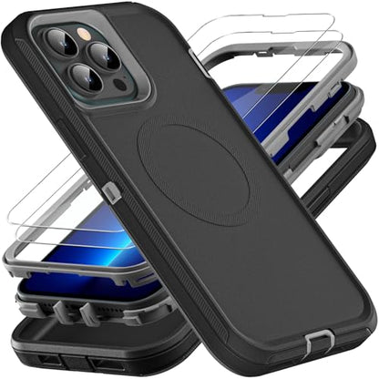 YKHJKLEC for iPhone 13 Pro Max Case, Compatible with Magsafe, Military Grade 3 in 1 Heavy Duty Shockproof/Drop Proof/Dust Proof Case with 2Pcs Tempered Glass Screen Protector (New-Black/Grey) - color: New-Black/Grey