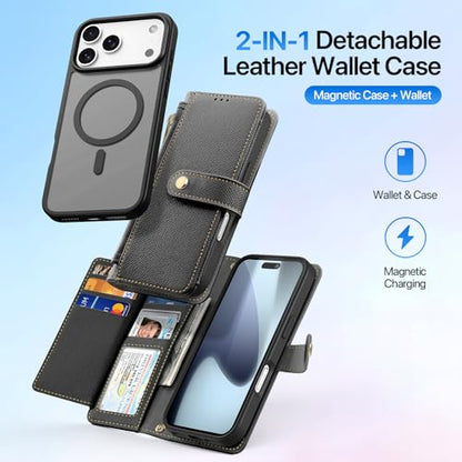 for iPhone 17 Pro Wallet Case, Detachable Magnetic Phone Case | Compatible with Magsafe, RFID Blocking, PU Leather Flip Folio Case, Wrist Strap Wallet Case, Zipper Coin Pocket - color: Black, size: iPhone 17 Pro