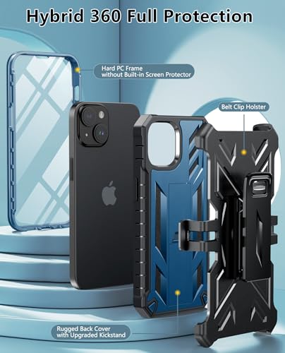 FNTCASE for iPhone 14/13 Case : with Belt-Clip Holster & Kickstand - Heavy Duty Military Grade Protection Cover Shockproof TPU Phone Shell Durable Rugged Full Protective Phonecase - 6.1 inch Blue | Rugged Kickstand, Military-Grade Drop Protection, Full Bo