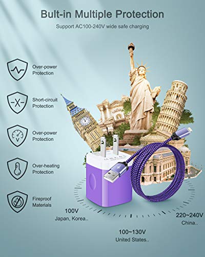 iPhone Wall Charger & Lightning Cable, AILKIN Apple MFI Certified Braided - color: Purple, style: Lightning