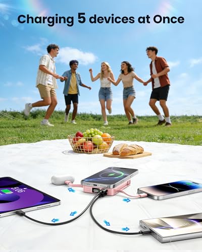Magnetic Portable Charger, Power Bank Fast Charging 22.5W 10000mAh, Portable Charger with Built in Cable, for Magsafe Battery Pack Compatible with iPhone 17/16/15/14/13/12 Pro/Pro Max, Samsung Pink - color: Pink