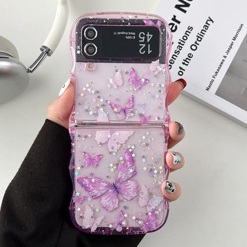 UEEBAI Wave Butterfly Case for Samsung Galaxy Z Flip 3/Z Flip 4 5G Case, Pretty Bling Star Butterfly Cute Shiny Glitter Phone Cover for Girls Bling Clear Cover Curly Shockproof Girly - Hot Pink - color: Hot Pink, size: Z Flip 3/Z Flip 4 5G