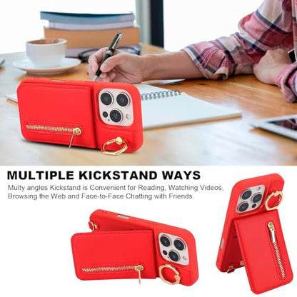 Crossbody Wallet Case for iPhone 12 Pro Max, with Card Slots Zipper Pocket Case, Flip Folio Purse RFID Blocking with Ring Kickstand Detachable Strap-Red - color: Red, size: iPhone 12 Pro Max(6.7")