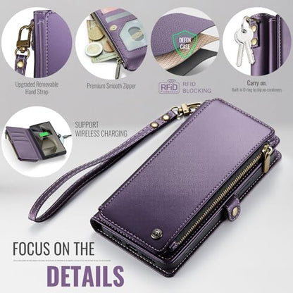 Defencase for Samsung Galaxy S24 Ultra Wallet Case with Card Holder, Purple | Durable PU Leather, with RFID Blocking Zipper Pocket, Wrist Strap, S24 Ultra Flip Phone Cases Cover with Stand for Women Men - color: Purple