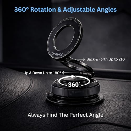 GraviX Magnetic Car Phone Holder for MagSafe, Powerful Magnet, Strong Suction, Anti-Vibration ARM, 360° Adjustable Dashboard & Windshield Car Mount