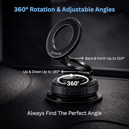 GraviX Magnetic Car Phone Holder for MagSafe, Powerful Magnet, Strong Suction, Anti-Vibration ARM, 360° Adjustable Dashboard & Windshield Car Mount