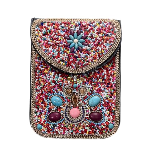 Women's Mobile Phone Bag, Cellphone Pouch, Retro Beads Shoulder Bag, Handcrafted Embellished Clutch Purse, Beaded Design - color: 15a