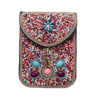 Women's Mobile Phone Bag, Cellphone Pouch, Retro Beads Shoulder Bag, Handcrafted Embellished Clutch Purse, Beaded Design - color: 15a
