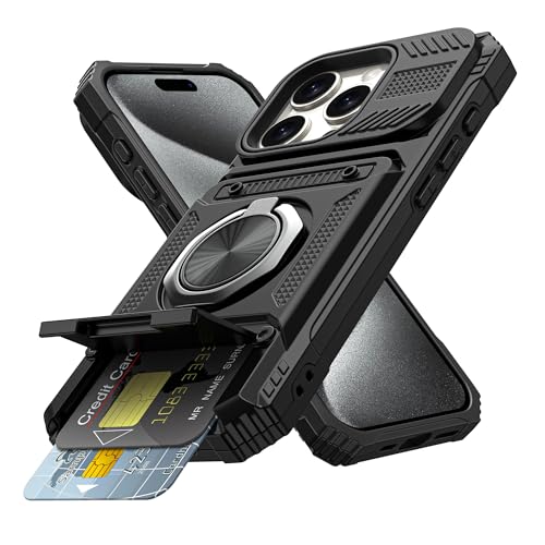 Vofolen for iPhone 15 Pro Case Wallet with Card Holder [Store 2 Cards] | 360° Magnetic Rotated Ring Stand, Dual Layer Heavy Duty Drop Protection Wallet Phone Case Cover for iPhone 15 Pro 6.1'' Black - color: Black