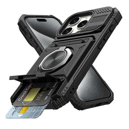 Vofolen for iPhone 15 Pro Case Wallet with Card Holder [Store 2 Cards] | 360° Magnetic Rotated Ring Stand, Dual Layer Heavy Duty Drop Protection Wallet Phone Case Cover for iPhone 15 Pro 6.1'' Black - color: Black