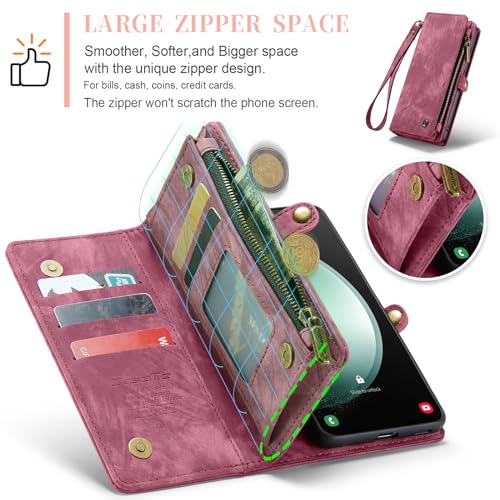 Compatible with Samsung Galaxy S23 FE Wallet Case,Zipper Folio Leather Case Wallet with Card Holder Strap Wristlet Detachable Magnetic Protective Back Case for Galaxy S23 FE 6.4 Inch(Red) - color: Red, size: S23 FE 5G 6.4 Inch