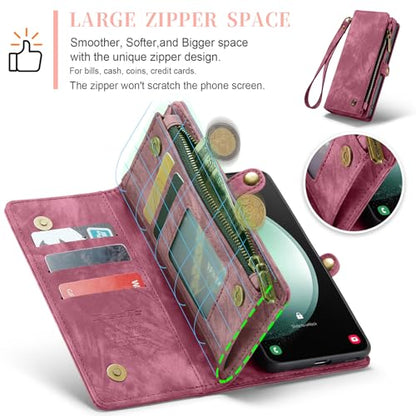 Compatible with Samsung Galaxy S23 FE Wallet Case,Zipper Folio Leather Case Wallet with Card Holder Strap Wristlet Detachable Magnetic Protective Back Case for Galaxy S23 FE 6.4 Inch(Red) - color: Red, size: S23 FE 5G 6.4 Inch