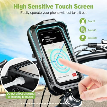 HUANLANG Motorcycle Phone Mount Waterproof Bike Phone Holder 360° Adjustable Anti-Shake Bike Phone Bag with Touchscreen Sun Visor,Universal Cell Phone Holder Suitable for 4.7"-7.0" Smartphone