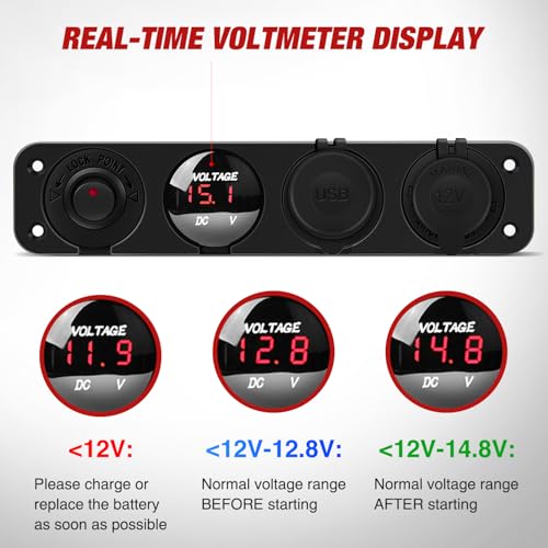 Nilight 4 in 1 ON/Off Charger Socket Panel Dual USB Power Outlet LED Voltmeter Cigarette Lighter Socket Lighted ON Off Rocker Toggle Switch for Truck Car Marine Boats RV,2 Years Warranty - color: Red