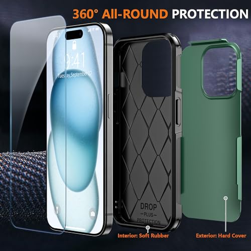 Shockproof for iPhone 15 Case,[15 FT Military Grade Drop Protection],with 2X [Tempered Glass Screen Protector ] with Air Bumpers Full-Body Protective Phone Case, Dark Green - color: Dark Green