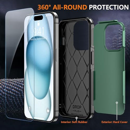Shockproof for iPhone 15 Case,[15 FT Military Grade Drop Protection],with 2X [Tempered Glass Screen Protector ] with Air Bumpers Full-Body Protective Phone Case, Dark Green - color: Dark Green