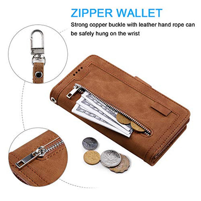 EYZUTAK Wallet Phone Case for Samsung Galaxy A16 4G/5G, Retro Matte 9 Card Holder Slots Zipper Pocket Handbag Case PU Leather Magnetic Closure Kickstand with Wrist Strap Flip Folio Purse Case - Brown - color: Brown, size: Samsung Galaxy A16 4G/5G