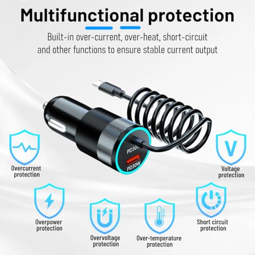 Ankuee USB C Car Charger, PD30W Vehicle Cigarette Lighter Adapter with Built-in Type C Fast Charging Cable, Automotive USB C Charging Adapter, Universal for SUV Automobile Truck