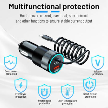 Ankuee USB C Car Charger, PD30W Vehicle Cigarette Lighter Adapter with Built-in Type C Fast Charging Cable, Automotive USB C Charging Adapter, Universal for SUV Automobile Truck