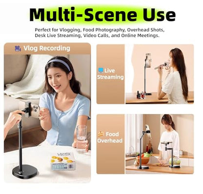 JA-A Adjustable Aluminum Phone Stand for Desk, Universal iPhone Holder, Retractable Cell Phone Stand Compatible with iPhone 17/16/15 Pro Max, Recording & Office Use. (A/Black)
