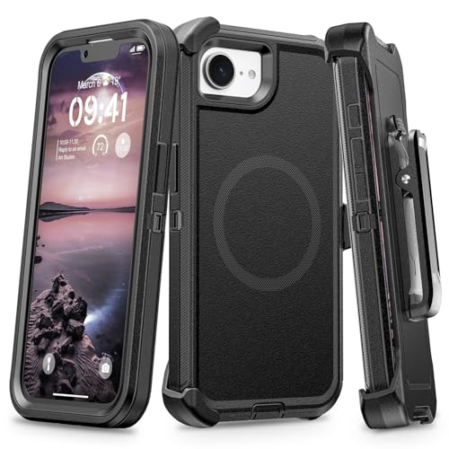 TUTUKII Magnetic for iPhone 16e/17e Case with Belt Clip Holster (Black) | MagSafe Compatible, Heavy-Duty Military-Grade Drop Protection, 3-Layer Rugged Shockproof Protective Cover 6.1-Inch - size: iPhone 16e &17e 6.1"