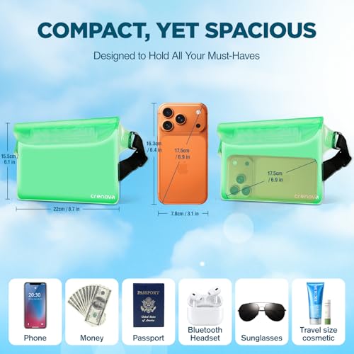 Waterproof Bag Fanny Packs for Women, Floating Beach Bags 2PCS | Floating, ideal for Beach, Boating & Kayaking&Fishing&Diving, Durable Material, Phone & Passport Pouch - color: Green & Clear