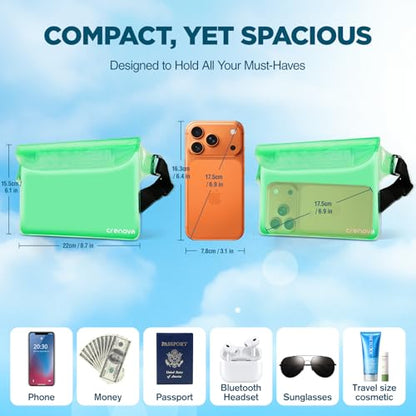 Waterproof Bag Fanny Packs for Women, Floating Beach Bags 2PCS | Floating, ideal for Beach, Boating & Kayaking&Fishing&Diving, Durable Material, Phone & Passport Pouch - color: Green & Clear