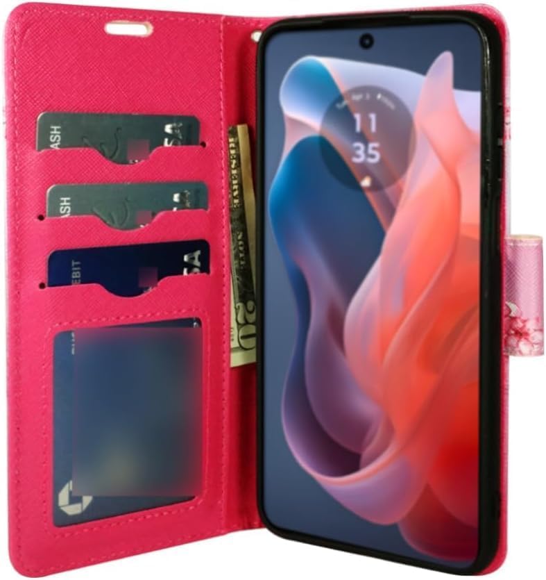 Zase for Motorola Moto G Power 5G (2025/2026) Wallet Phone Case Purse Protective Premium PU Leather Magnetic Closure w/Kickstand ID Card Slot Wrist Strap Cute Design (Pink Cherry Blossom) - color: Pink Cherry Blossom