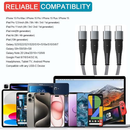 Multi Charging Cable Nylon Braided Universal 4 in 1 Multiple USB Cable 3A,with Dual Phone/USB-C/Micro-USB Port Adapter,for Cell Phones/Tablets/Samsung Galaxy/Huawei/PS & More[ 2Pack 4FT]