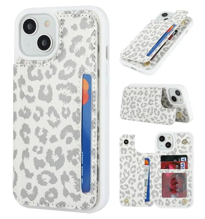 iCoverCase Compatible with iPhone 14 Case with Card Holder, Wallet Case for Women Men RFID Blocking PU Leather Protective Phone Case 6.1 Inch (Gray Leopard) - color: Gray Leopard