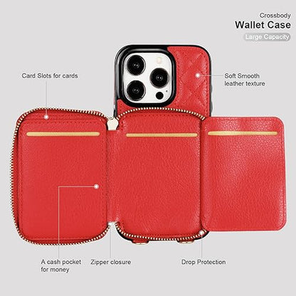 Bocasal Crossbody Wallet Case Card Holder for iPhone 15 Pro, Red | RFID Blocking PU Leather Zipper Handbag Purse, Kickstand Flip Folio Case with Card Slots Holder Wrist Strap Lanyard 6.1 Inch - color: Red