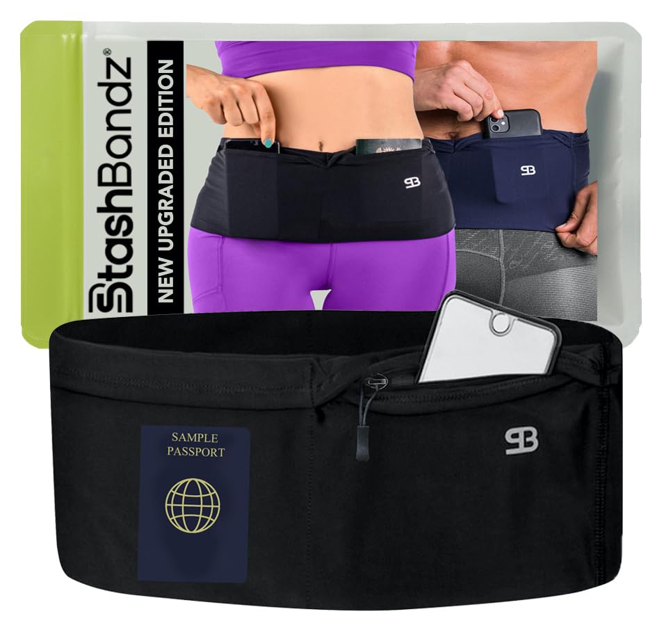 StashBandz Running Belt, Fanny Pack, & Money Belt, 4-Pocket Phone Holder - color: Black, size: X-Small