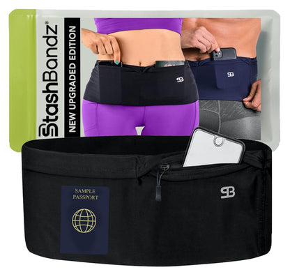 StashBandz Running Belt, Fanny Pack, & Money Belt, 4-Pocket Phone Holder - color: Black, size: Small