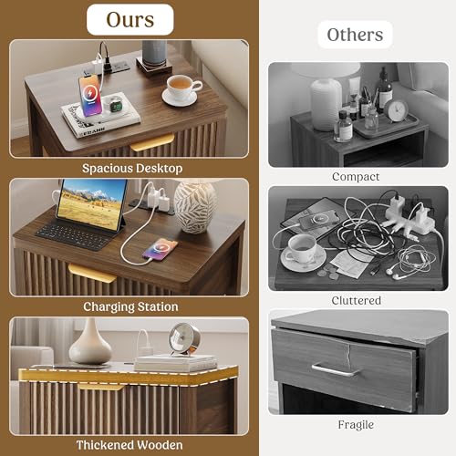 Night Stand Set 1, Fluted Wood Bedside Table w/Socket Station for Bedroom - color: Walnut, size: 1 Drawer-Set of 1 Nightstand