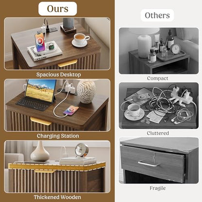 Night Stand Set 1, Fluted Wood Bedside Table w/Socket Station for Bedroom - color: Walnut, size: 1 Drawer-Set of 1 Nightstand