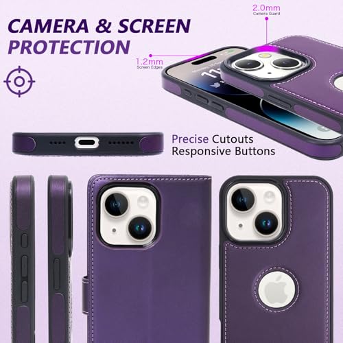 2 in 1 PU Leather for iPhone 14 13 Case, Detachable Wallet Case with Card Holder, Removable Flip Folio Cover with RFID Blocking, Stand Shockproof Phone Cover（Compatible with MagSafe） Purple - color: Purple, size: Iphone 14 / 13