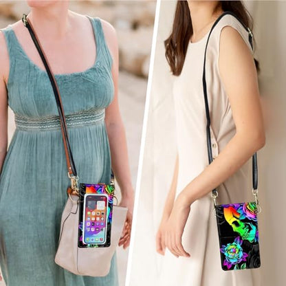 for Women Cell Phone Purse,with Touchscreen Cell Phone Purse,PU Leather Shoulder Bag Waterproof Phone Wallet Case with Clear Touch Screen Window up to 6.7 inch Smartphone, - color: Colorful Skull Rose Flower