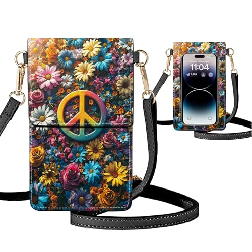 Small Crossbody Bags for Women Touchscreen Cell Phone Bag Cross Body Purses with adjustable Strap,Gifts For Teenage Girls-Vibrant Floral Peace Sign