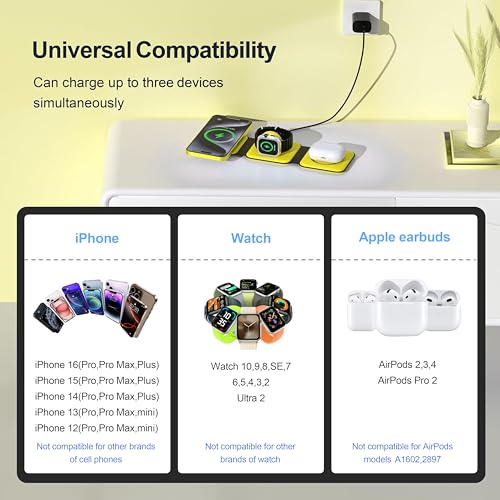 3 in 1 Charging Station for Multple Devices,Foldable 3 in 1 Wireless Charger for Travel,Nano Wireless Charging Station for iPhone16 15 14 13 12 Pro Max/Watch 10 9 8 7 6 5 4 3 Ultra/AirPod Pro - color: Yellow