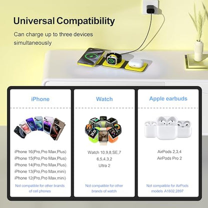 3 in 1 Charging Station for Multple Devices,Foldable 3 in 1 Wireless Charger for Travel,Nano Wireless Charging Station for iPhone16 15 14 13 12 Pro Max/Watch 10 9 8 7 6 5 4 3 Ultra/AirPod Pro - color: Yellow